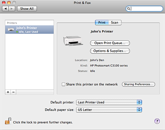 print and fax system preferences